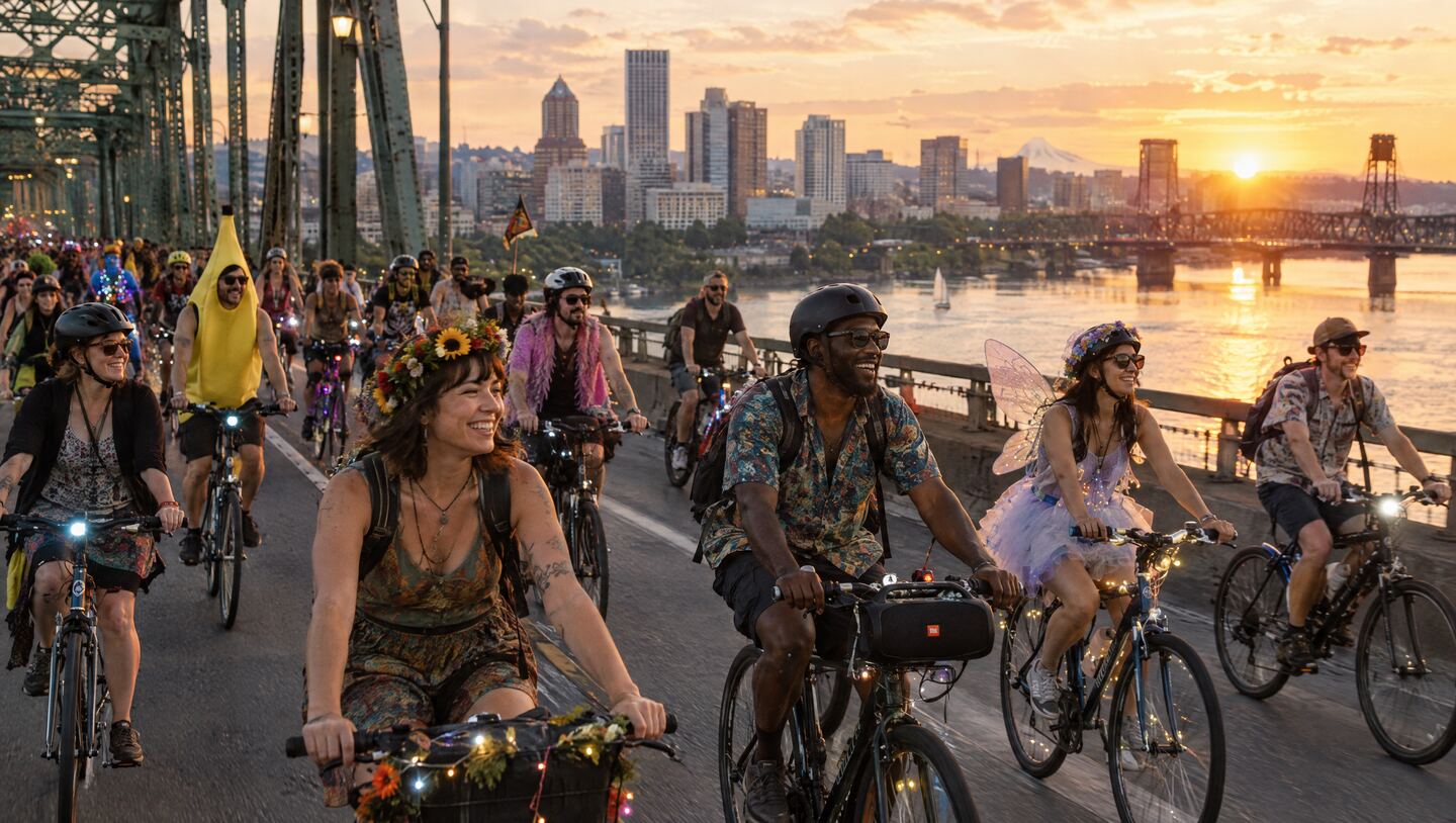 Dozens of riders cross a bridge over the Willamette River at sunset, some in fairy wings and flower crowns, one in a banana suit.