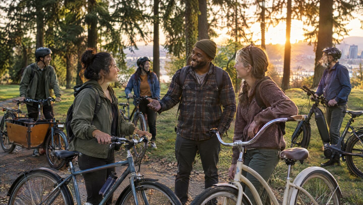 A man in a beanie laughs with two riders and their bikes under tall firs in a Portland park at sunset.