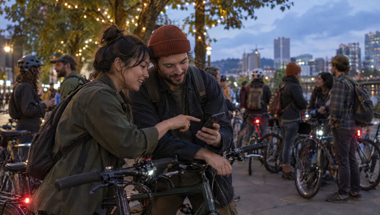 A woman and a man in an orange beanie smile over his phone as riders gather with their bikes on a Portland riverside path at dusk.