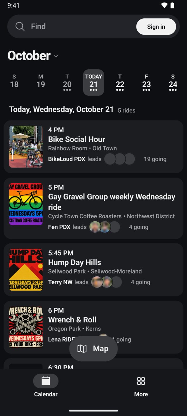 The calendar on Android, signed out. The week runs across the top, and today’s rides are listed below with each one’s time, name, meeting spot and how many are going.