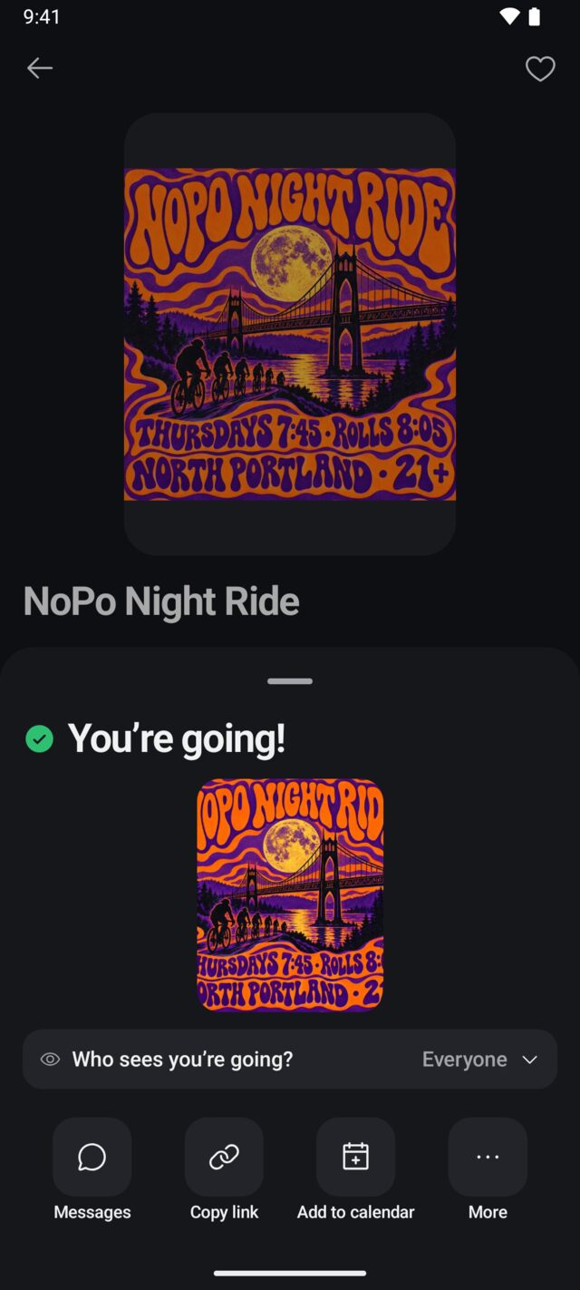 After you tap I’m going, a panel opens that says You’re going! It shows who sees you’re going, set to Everyone, and buttons to share the ride or add it to your calendar.