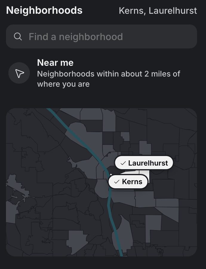 The neighborhood filter on the website: a field to find a neighborhood, Near me, and a map of Portland with Kerns and Laurelhurst picked.