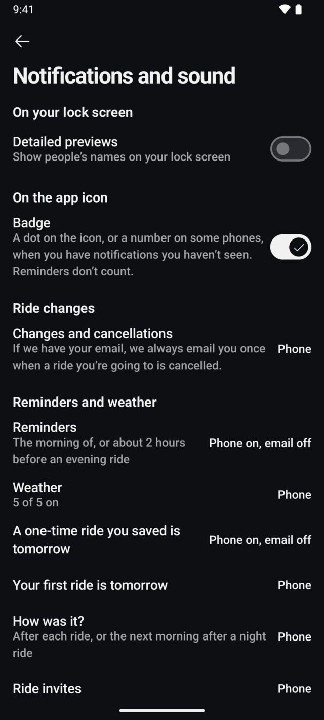 The Notifications and sound settings on Android. Ride changes, reminders, weather and more each have their own row showing where they’re sent, to your phone or email.