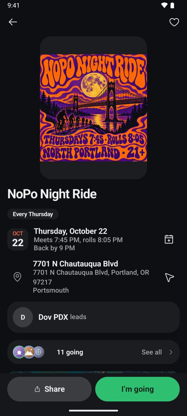 A ride page on Android: the ride’s poster, its date and times, the meeting spot’s address, who leads it and how many are going, with Share and I’m going buttons at the bottom.