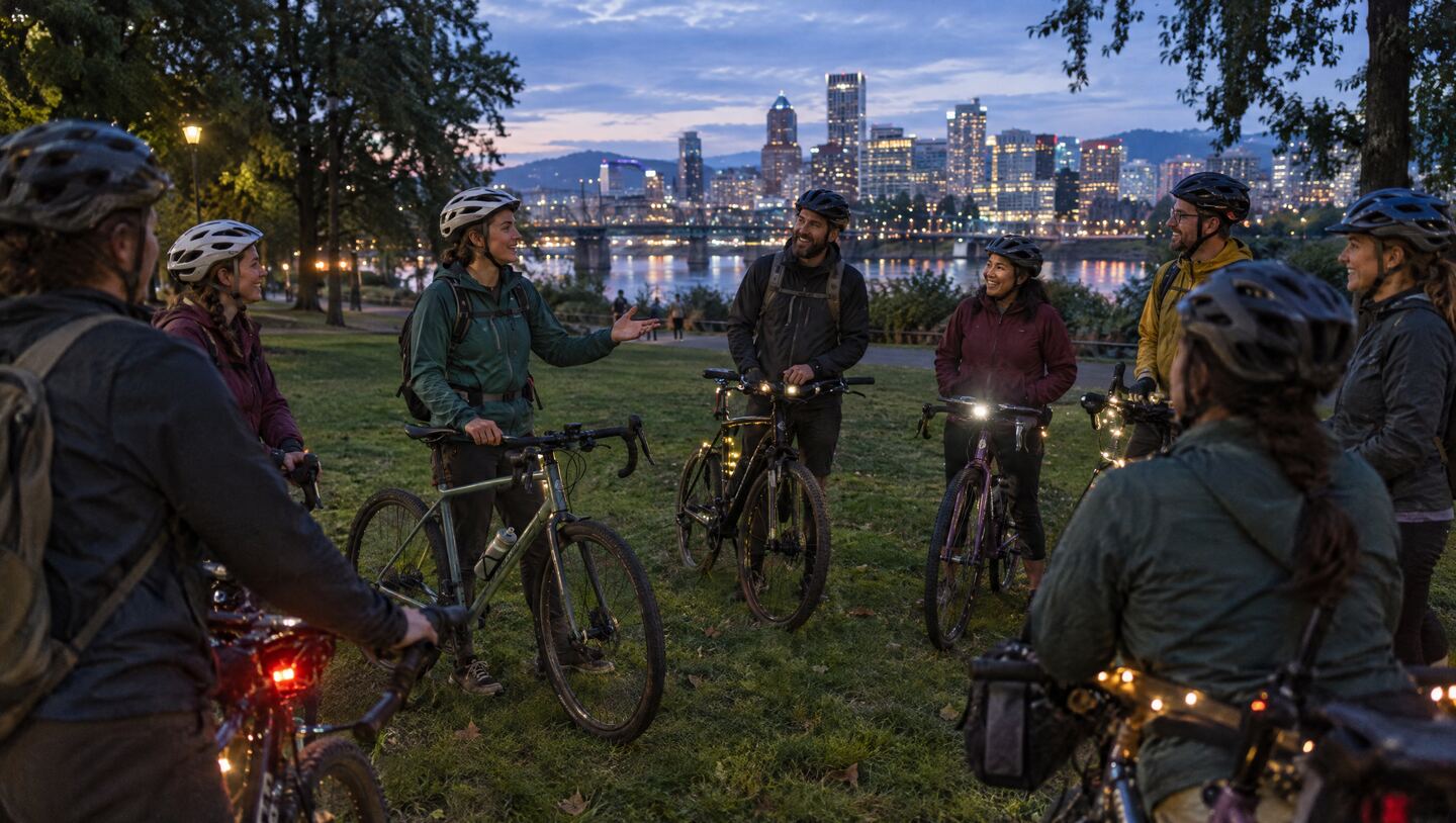 A ride leader talks to a circle of riders in a Portland park at dusk, the city lit up behind them.